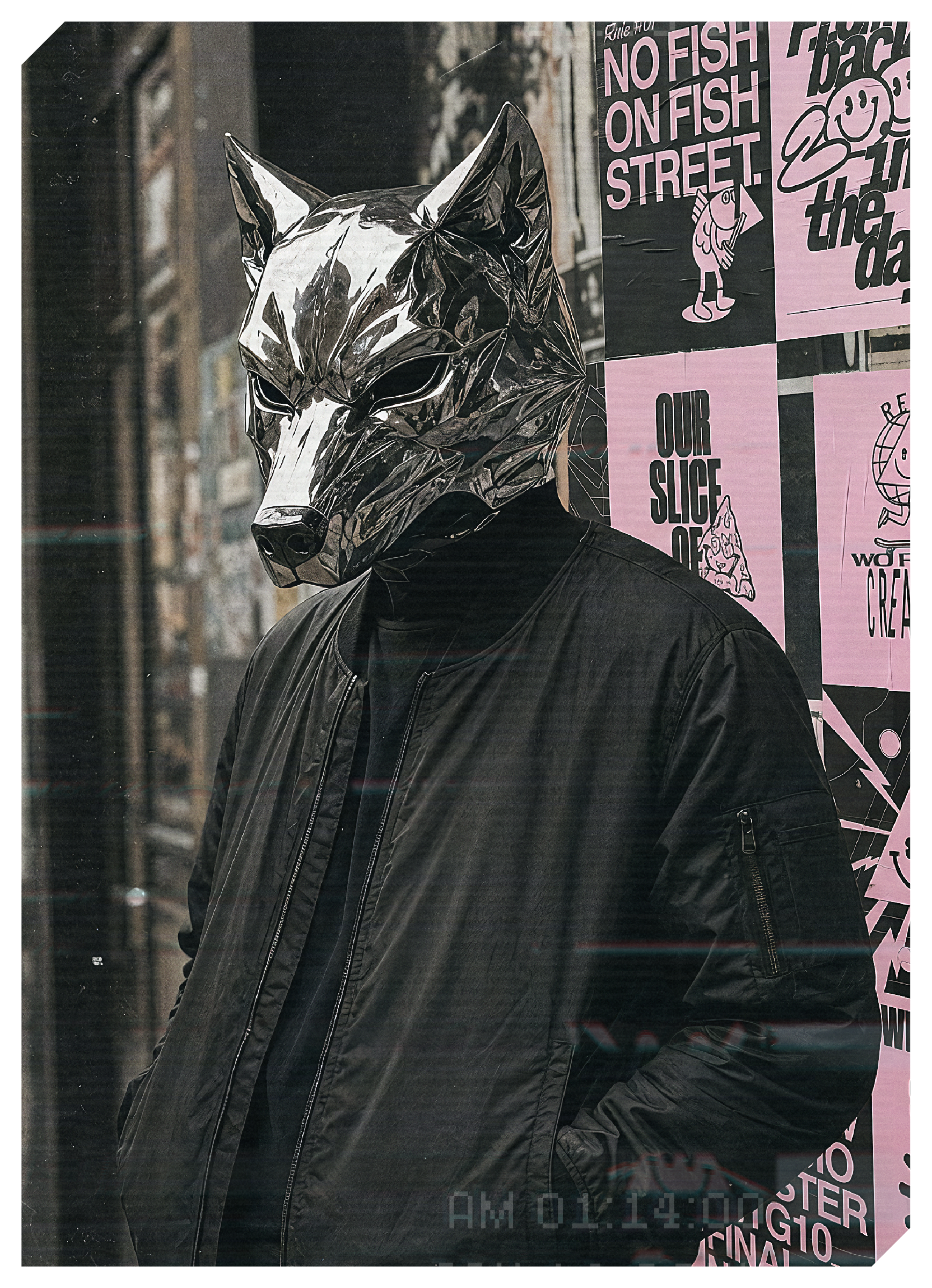 Barry Darnell wearing a chrome wolf mask against a postered wall