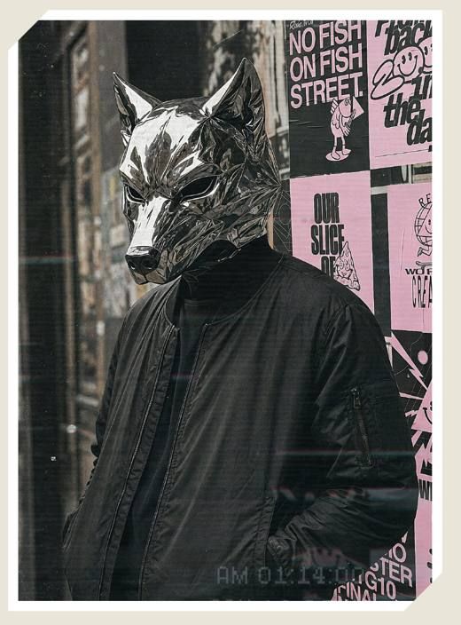 Barry Darnell wearing a chrome wolf mask against a postered street wall