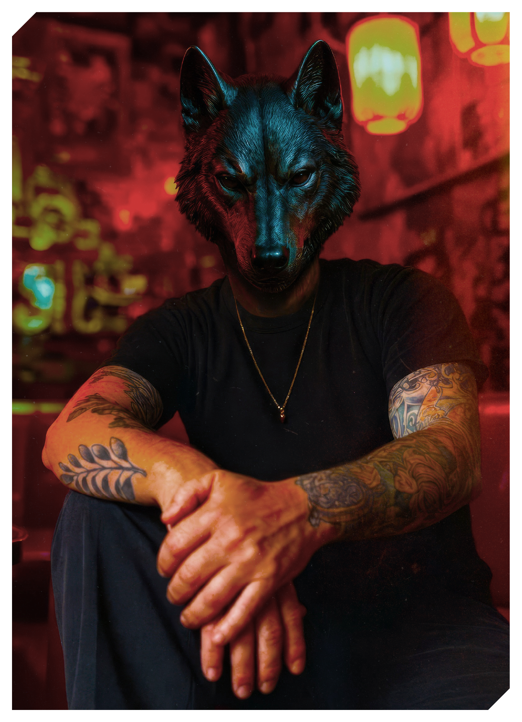 Dan Conchie wearing a black wolf mask, seated in a red-lit bar